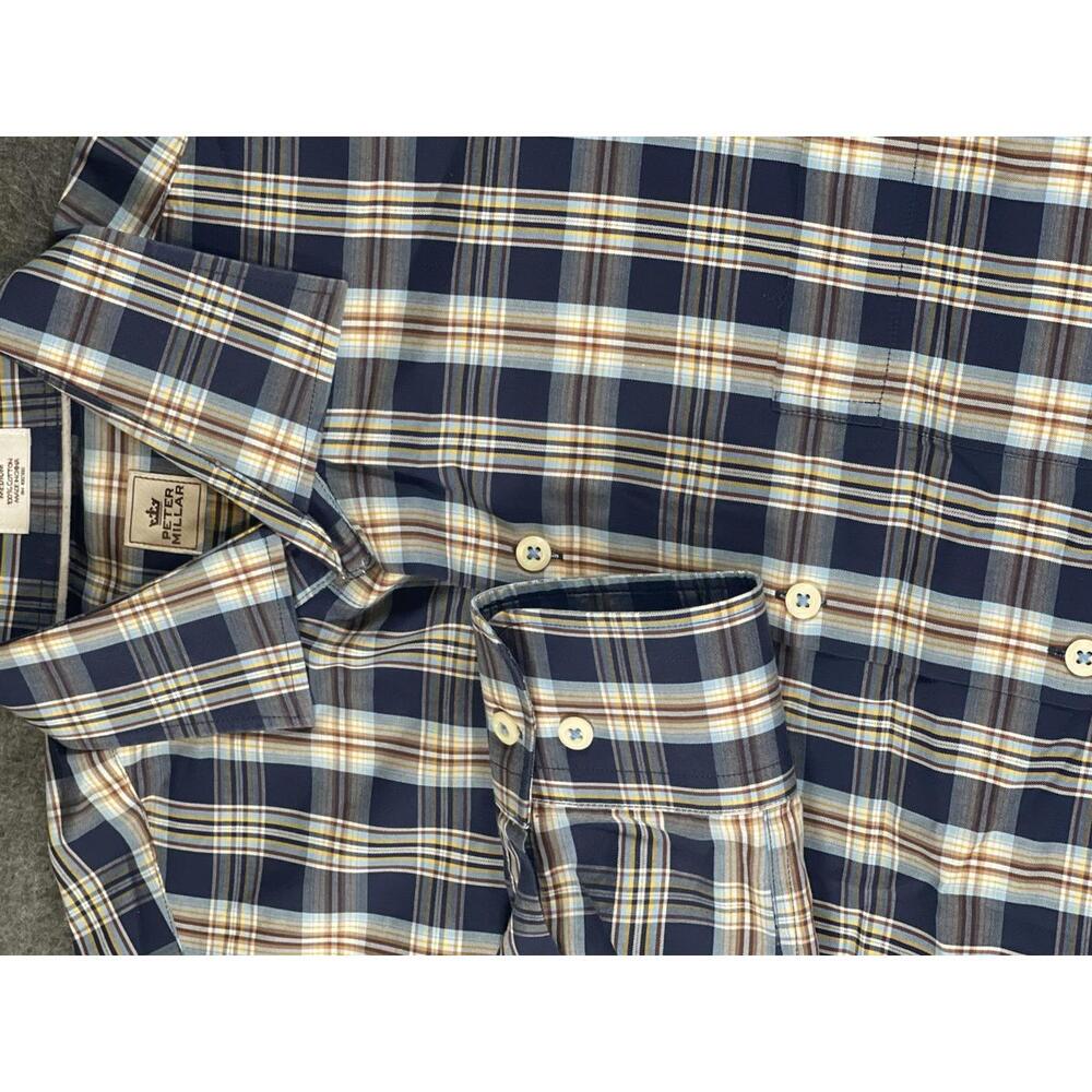 Peter Millar Men's Blue and Brown Plaid Long Sleeve Button Up Shirt Size Medium